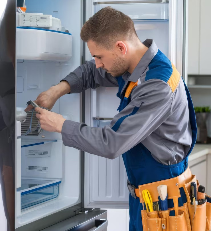 Мастер ремонтирует холодильник